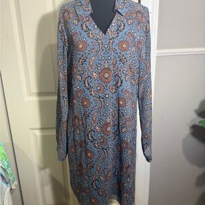 CAbi Long Sleeve Dress with Floral Pattern in Blue and Brown